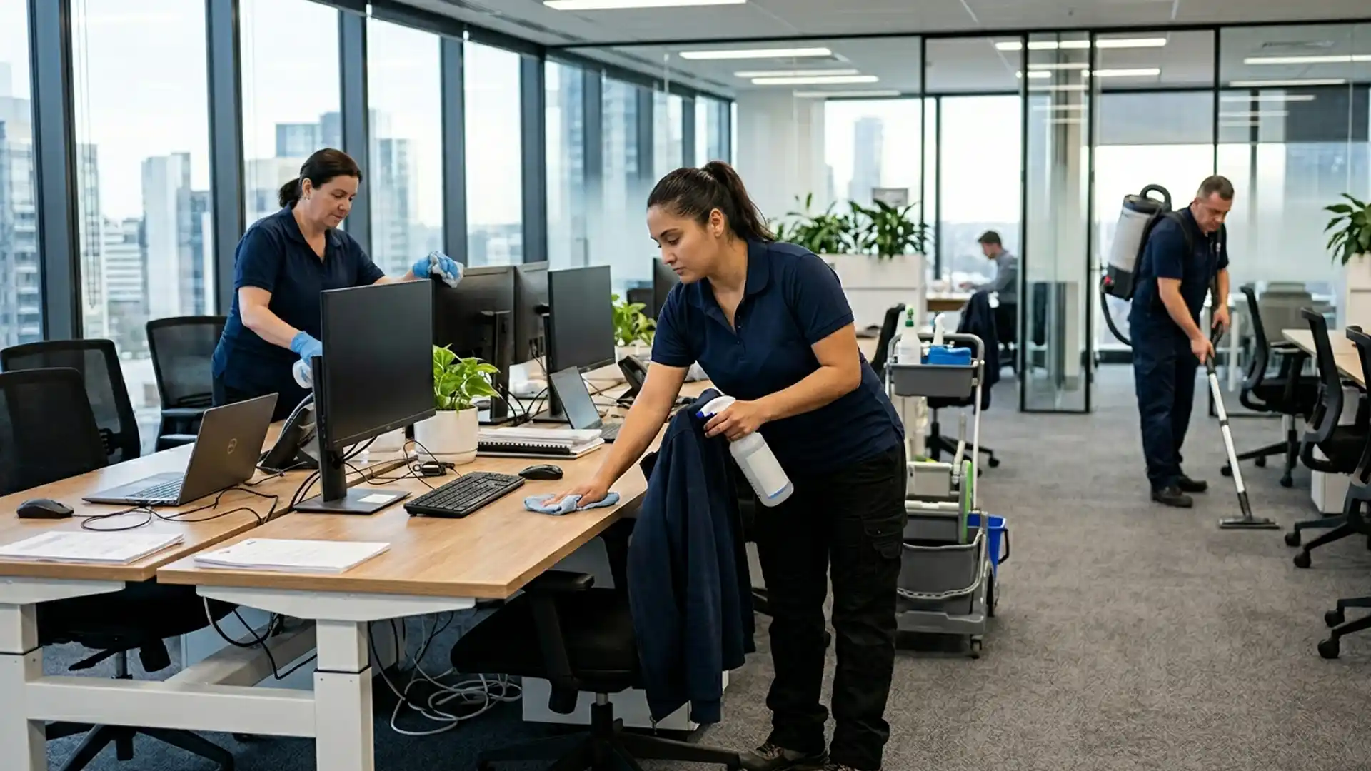 Three professional cleaners wearing navy uniforms cleaning desks and vacuuming carpet in a modern office with large windows overlooking a cityscape.