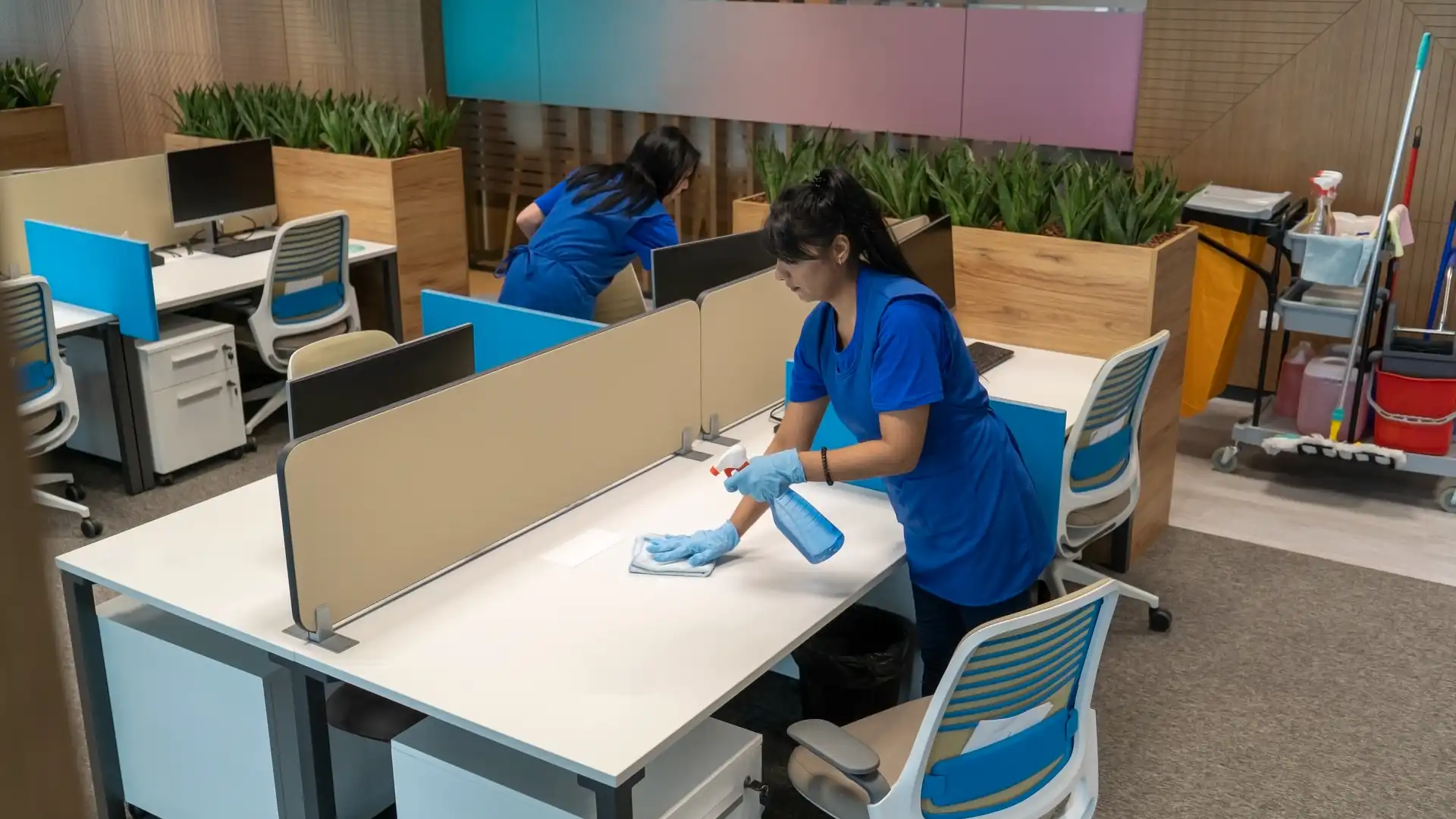 Two cleaning staff in blue uniforms cleaning desks in a modern office workspace with plants and cleaning supplies nearby.
